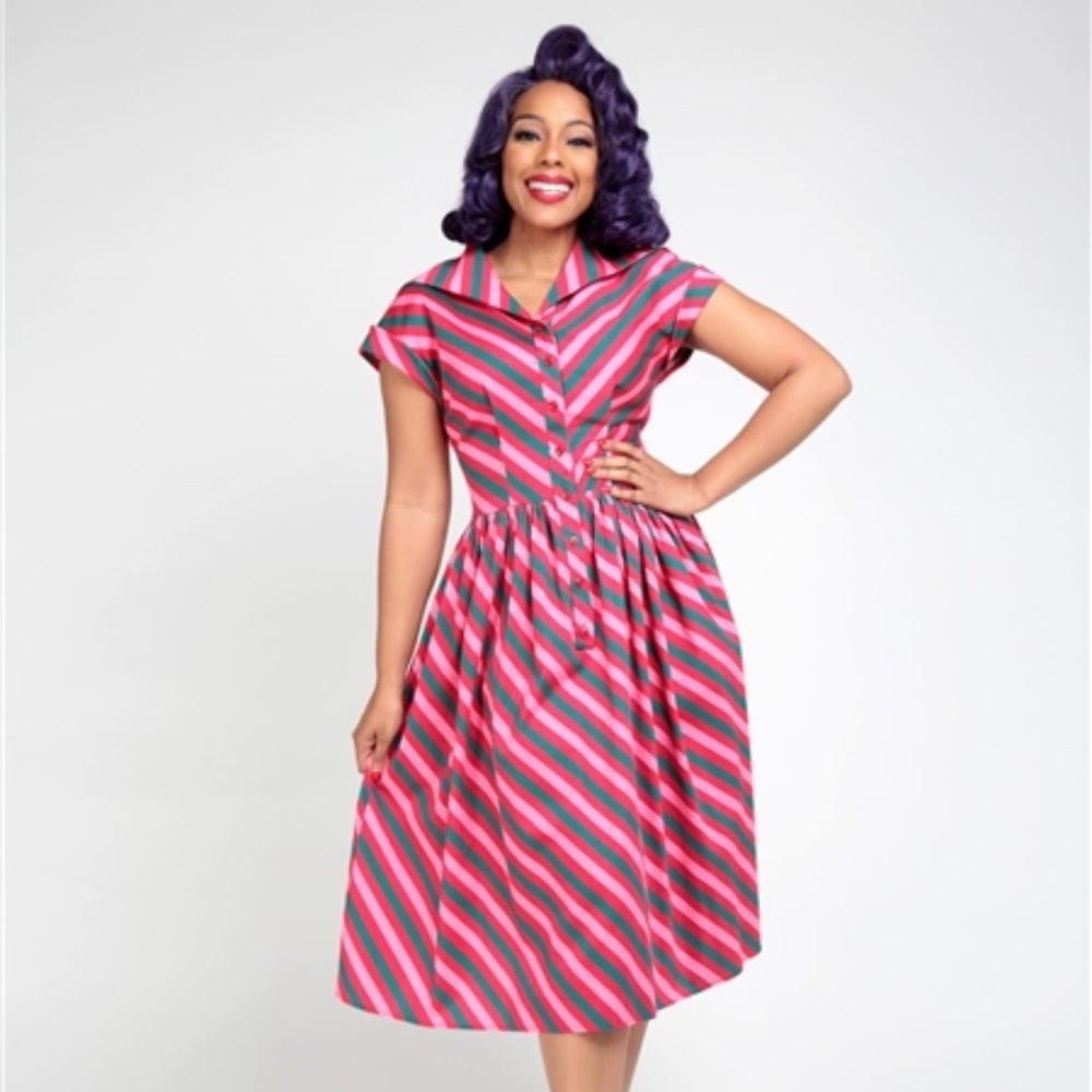 NWT Collectif Womenswear Judy Berry Stripe Swing Dress - UK 14; Raspberry